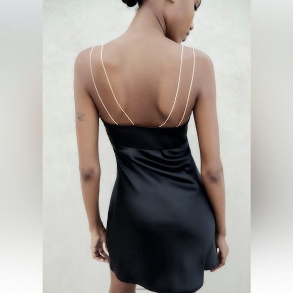 Zara gold chain strap satin effect mini dress black XS 7969/042 LBD - Picture 2 of 12